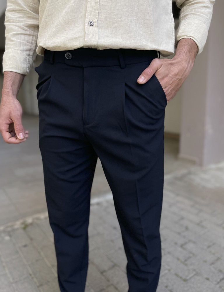 Ανδρικό μπλε υφασμάτινο παντελόνι με πιέτα και λάστιχο στην μέση FCL00295B φωτογραφία